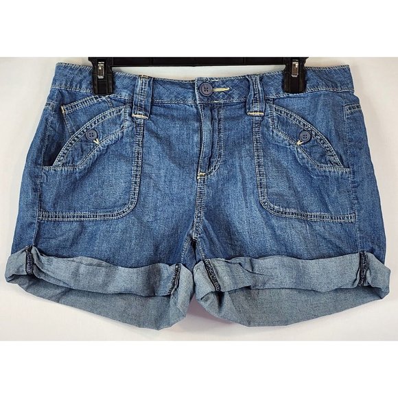 Lauren Conrad Shorts Womens 8 Blue Chambray Flip Pockets Momcore Cuffed Shorts - Picture 1 of 11